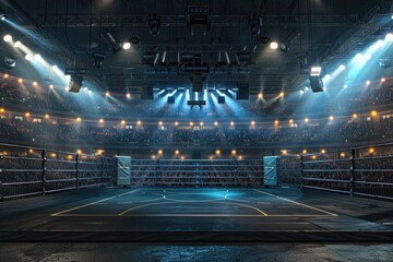 An empty boxing ring with lights shining on it