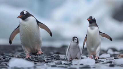 Naklejka premium parental guidance, a baby penguin cautiously exploring the icy antarctic terrain, guided by its attentive parent, a touching scene of discovery and resilience