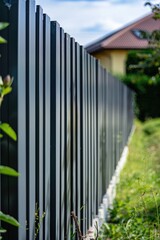 A black and white fence in a natural setting with lush green grass