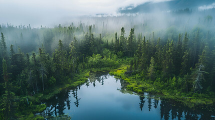Photo foggy lake surrounded by trees, seen from above