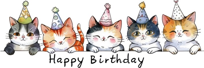 Several cute cats wearing party hats sit on a table and smile, with the text "Happy Birthday" written underneath them.