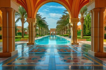 A photo of an indoor pool surrounded by architectural features like columns and arches