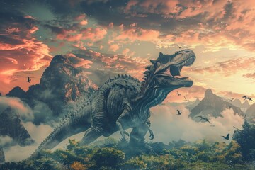 A large dinosaur standing in a vast open field