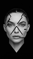 Geometric shapes on the face of women in modern fashion and on a minimalistic black background. Promotional photo.
