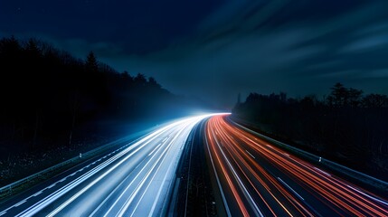 A top-down view of a long-exposure shot on a busy highway at night, illustrating ground transportation's role in logistics with streaks of light from vehicles 