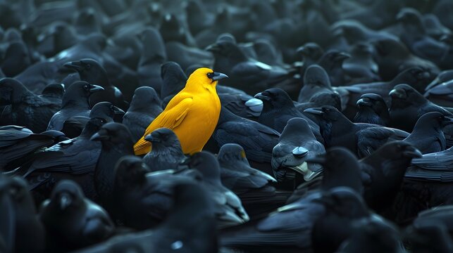 Unique yellow bird amidst a flock of ravens