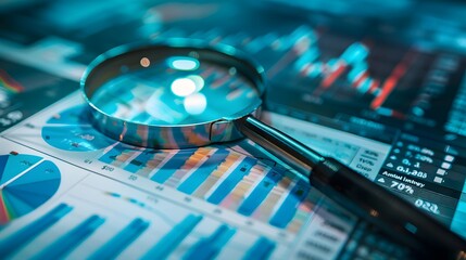 Magnified market insights: Stock market chart magnified within a glass. Stock market, investment, finance and business concept.