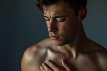 Fototapeta premium A shirtless man holds his hands to his chest in a contemplative pose