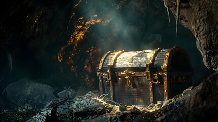 Fototapeta premium Treasure chest with gold coins and precious stones on a stone background