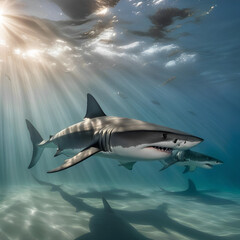 Fototapeta premium a group of sharks are swimming in the beautiful ocean