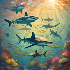 Obraz premium a group of sharks are swimming in the beautiful ocean