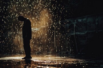 Obraz premium A person stands in a dimly lit room with rain pouring outside, creating a sense of intimacy and isolation