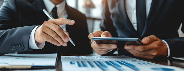 financial advisory services. Asian advisor showing plan of investment to clients in the consultancy office.
