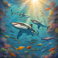 Obraz premium a group of sharks are swimming in the beautiful ocean