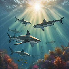 Obraz premium a group of sharks are swimming in the beautiful ocean