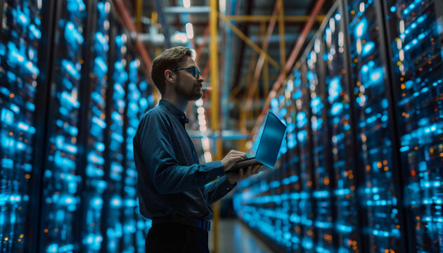 Chief Technology Officer in Data Center Holding Laptop, Standing Amidst Warehouse Servers with Digitalization Lines Streaming