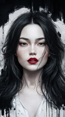 A monochrome black and white composition, accentuated by a single bright spot of red lipstick on the lips of a dark-haired, long-haired woman. Promotional photo.