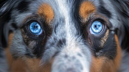 animal portraits, close-up image of australian shepherd dog with beautiful blue eyes, intelligent gaze, devoted and faithful furry friend