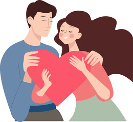 Happy young couple holding red heart. Man hugs woman. Smiling girl hugs man holds red heart. Happy young couple hugging. Smiling girl. Young girl hugs guy's shoulder. Girl on a guy's shoulder. EPS10