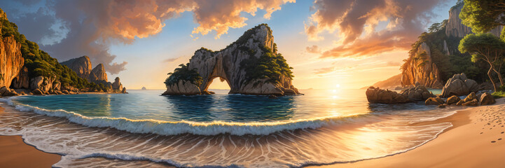 A serene beach scene at sunset, with the ocean and sky meeting at the horizon, and a large rock formation prominently featured in the foreground. - Powered by Adobe