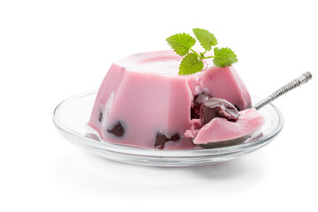 Pink creamy jelly with cherry isolated on white