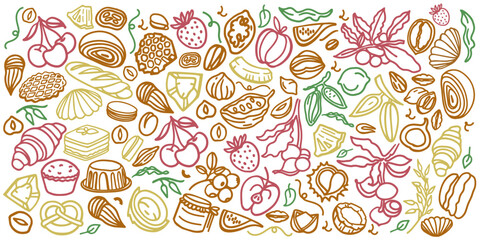 Granola and cereals hand drawn vector set. Crunches. Oats with fruits, berries, nuts, cocoa, tasty cereal ingredients, bakery, breakfast icons.	