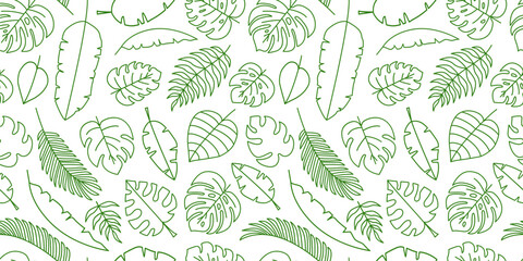 Palm leaf seamless pattern, green plant line art, tropical foliage background, exotic floral wallpaper, summer hawaii branch outline design. Drawing leaves ornament, jungle bg. Vector illustration © Sylfida