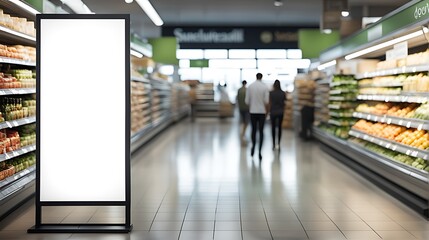 Blank advertising mockup for ad at the supermarket with blurred background

