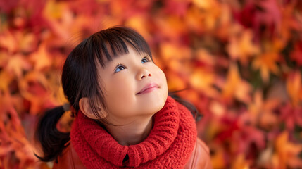 Fototapeta premium 美しい秋の紅葉を見上げて微笑む子ども