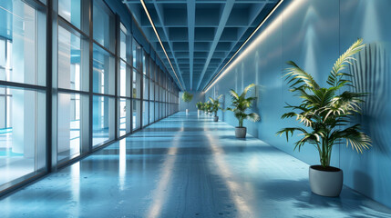 Blue office interior with long corridor, blue concrete floor and potted plants. Modern business building hall background 3d rendering illustration