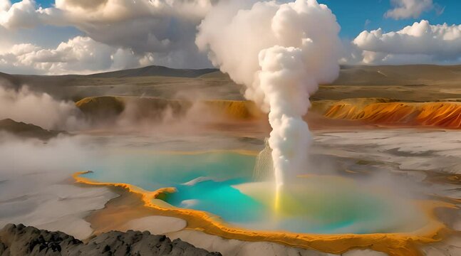 Vibrant colors and strange rock formations of a geothermal geyser field, with steam rising from bubbling pools, rainbow-hued mineral deposits, and towering, twisted rock spires