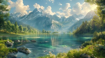 Naklejka premium mountain landscape, a serene summer day in the mountains as the sun shines over majestic peaks, lighting up lush forests and clear streams below