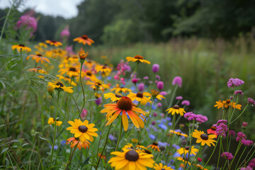 Obraz premium rural wildflower scene, wildflowers bordering a country lane showcase the stunning allure of rural life with their vibrant colors and natural beauty