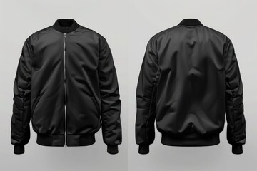 A close-up of a black bomber jacket with zippers on the front and back
