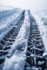 A tire track covered in snow on a snowy day