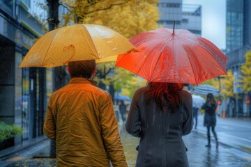 Two individuals navigating through rainstorm, using umbrellas for protection