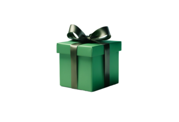 Green gift box with dark green ribbon isolated on transparent background cutout