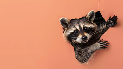 Cute raccoon peeking out of a hole in a torn sheet of paper in Peach Fuzz color, idea for banner with copy space advertising concept