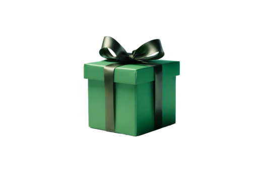 Green gift box with dark green ribbon isolated on transparent background cutout