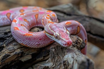 A close-up view of a snake coiled around a tree branch, with intricate details and textures