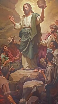 Jesus concluding the sermon with the parable of the wise and foolish builders from Matthew 7:24&ndash;27 and Luke 6:46&ndash;49. 4k video in smart phone 9:16 aspect ratio for prayer meme.