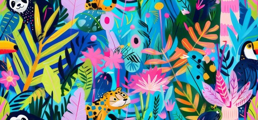 Fototapeta premium An illustration of a toucan and sloth in the jungle, surrounded by lush greenery and colorful foliage