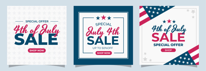 4th of July set of sale templates for social media, posts, covers. Usa flag, stars, stripes. Modern business vector illustration.