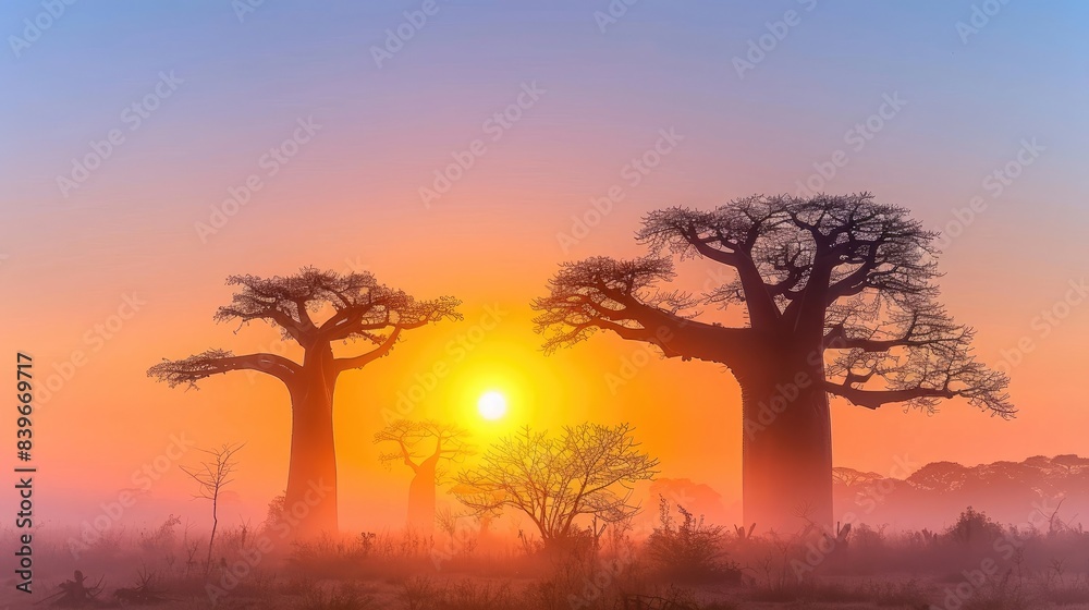 Wall mural Majestic baobab trees at sunrise in the National Park of Hasina, Stewartree against a clear blue sky.  - Wall murals