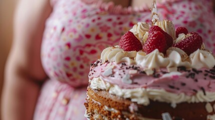 cake close-up against the background of a fat woman.