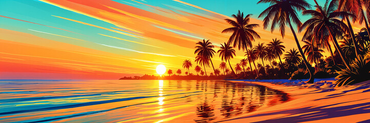A vibrant and colorful digital painting of a tropical beach scene at sunset, with palm trees lining the shore and the sun setting over the ocean.