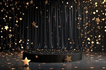 A dimly lit stage with a backdrop of gold stars, perfect for a concert or awards show