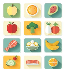 A set of flat icons representing healthy food items, each in its own square with a colorful background