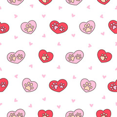 Dog or cat paw print. Seamless pattern. Animal footprints. Hand drawn style. Vector drawing. Design ornaments.