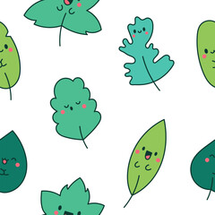 Funny kawaii leaf cartoon character. Seamless pattern. Cute nature plant. Hand drawn style. Vector drawing. Design ornaments.